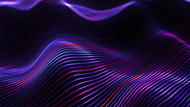Glowing dotted lines on the surface of flowing waves. Abstract concept of sound waves, artificial intelligence or big data. 4K looped video of 3D glowing colored soundwaves on black background