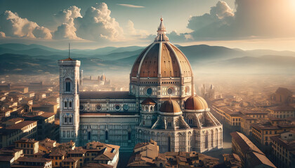 an iconic historical cathedral similar to the Florence Cathedral, with a large dome and bell tower, detailed facade and set against a clear blue sky - obrazy, fototapety, plakaty