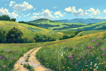 Peaceful countryside scene, with rolling hills, fields of wildflowers, and a winding country road disappearing into the distance. 