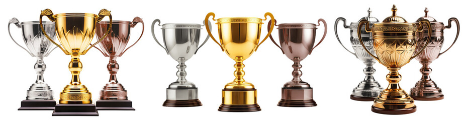 Set of shiny trophy cups (golden, silver and bronze ones), cut out