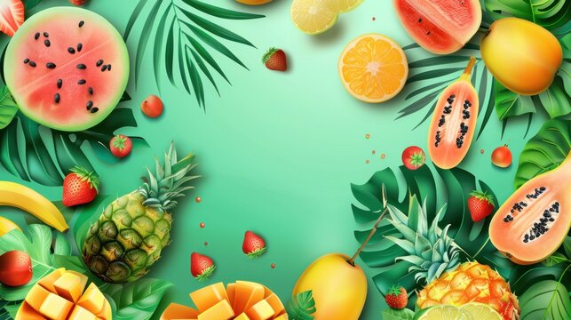 Top-down view, tropical fruits elements in abstract background