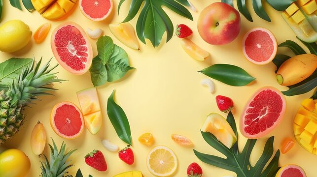 Top-down view, tropical fruits elements in abstract background