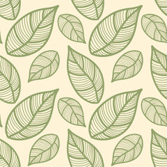Seamless pattern with vintage leaves for seasonal designs, printing and web use on beige background. Vintage large leaves as element of textiles and clothing design or bedding. Notebook cover.