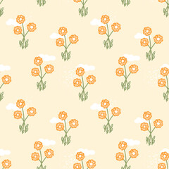 Abstract seamless pattern with bright orange flowers on beige background. Spring and summer pattern for printing on fabrics and dresses. Packaging paper and scrapbooking design.