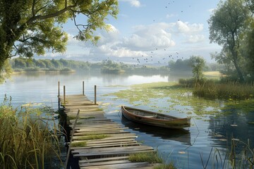 Peaceful lakeside retreat, with a wooden dock stretching out into the water, a rowboat moored...