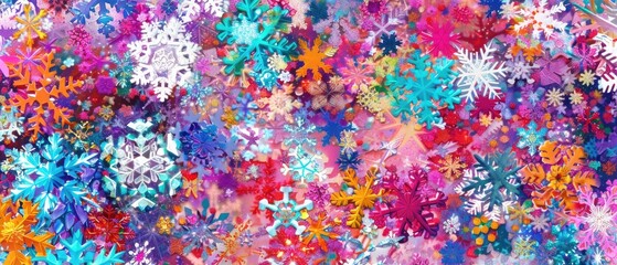 Abstract background with a variety of colorful snowflakes. Big and small.