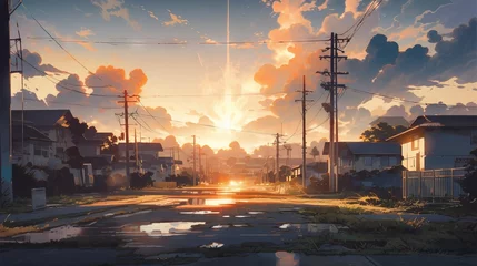 Fotobehang Abandoned towns in a post-apocalyptic world - a daytime scene with lens flares and dramatic lighting, illustrated in the style of a anime poster © Ameer