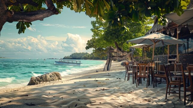  Restaurant on Tropical Beach ,travel background, sea