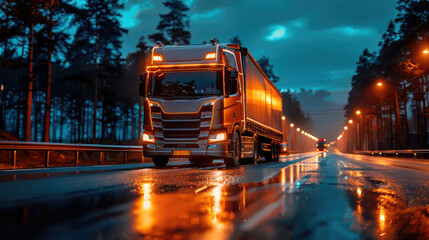 A large freight truck travels along a wet highway at dusk, with the lights reflecting off the road surface and a forest silhouette in the background.
