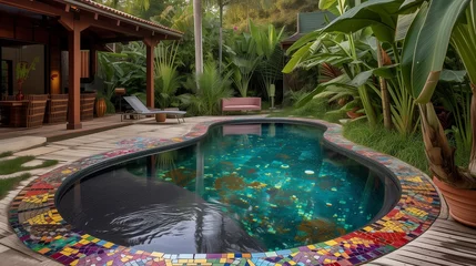Fotobehang A Rio de Janeiro-inspired craftsman with a vibrant mosaic-tiled pool © MuhammadHamza