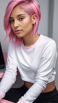 young latina influencer woman with pink hair with attitude