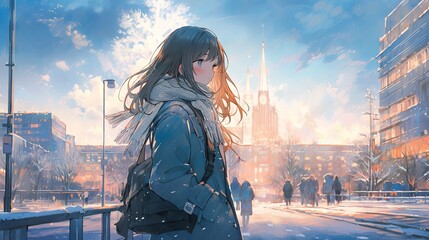 Anime-style illustration of a Japanese high school girl waiting for train in a snowy city, with aesthetic muted colors and bright lighting - obrazy, fototapety, plakaty