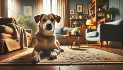 portrait of a dog in a living room