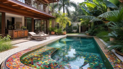 A Rio de Janeiro-inspired craftsman retreat, with a vibrant mosaic-tiled pool and tropical...