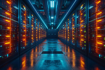 Fototapeta premium networking engineer, netwokring equiment, electrician at work, servers, server room, IT Administrator, Datacenter, service provider, database, computer server room, data storage, network hub and patch