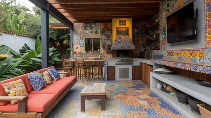Foto auf Acrylglas A Rio de Janeiro-inspired residence a colorful mosaic-tiled outdoor kitchen and barbecue area © MuhammadHamza