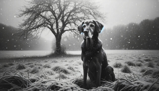 black and white image of a dog in snowfall