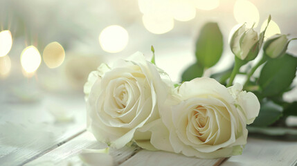 Fototapeta na wymiar White roses on a white wooden table with morning light