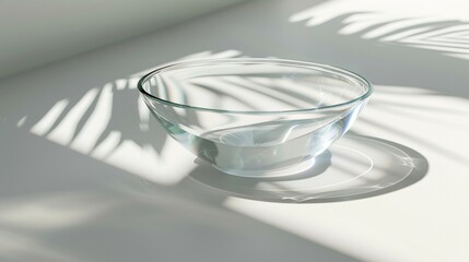Minimalist glass bowl on a clean white surface, casting subtle shadows and reflections.