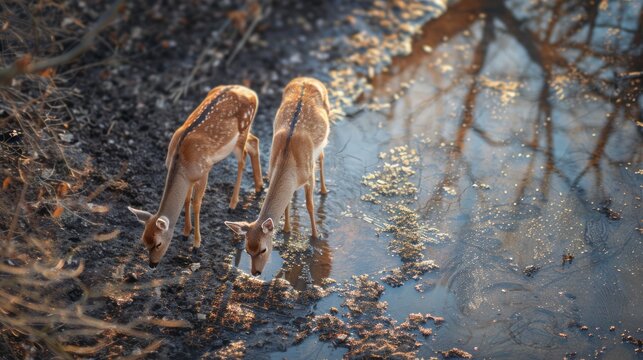 Top view. Two wild deer are drinking the little water left on a dry field, 