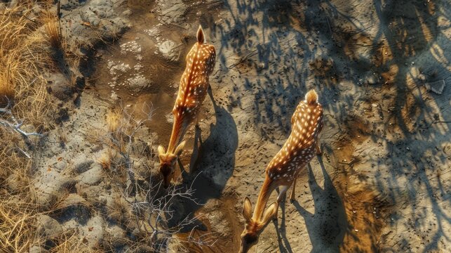 Top view. Two wild deer are drinking the little water left on a dry field, 