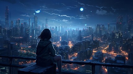 Anime girl enjoying the night view of the city - lofi manga urban wallpaper - obrazy, fototapety, plakaty