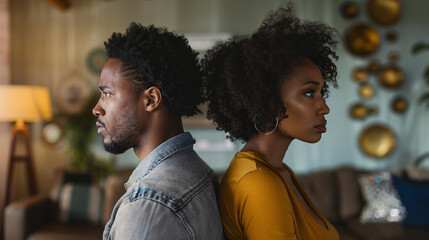 Profile of young Black couple, distanced, reflective mood, stylish home setting. - obrazy, fototapety, plakaty