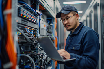 networking engineer, netwokring equiment, electrician at work, servers, server room, IT Administrator, Datacenter, service provider, database, computer server room, data storage, network hub and patch