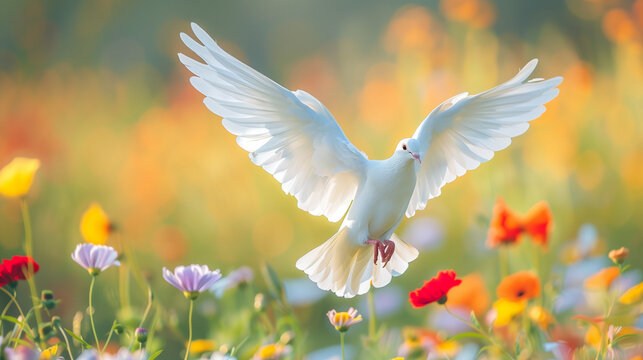 White dove flying over flower meadows symbol of war peace and hope, copy space for text