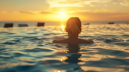  travel woman swimming in pool  with beautiful sunset 