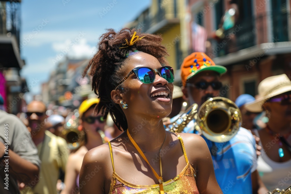 Canvas Prints Street festival in New Orleans, with jazz bands playing in the streets, colorful floats parading by, and revelers dancing and celebrating. 