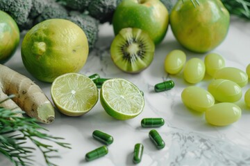 Spread of green fruit and vegetables and green pills on a white marble surface. 