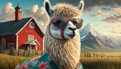 Zelfklevend Fotobehang llama in the mountains, a llama standing 3/4 sideways in front of a red barn wearing sunglasses and a Hawaiian shirt, Ai Generate  © Yasir