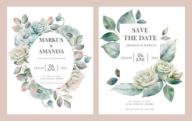 Watercolor floral wedding invitations with roses flowers Cards design