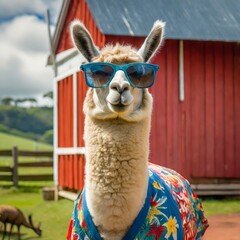 a llama standing 3/4 sideways in front of a red barn wearing sunglasses and a Hawaiian shirt, Ai Generate 