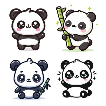 Cute Kawaii Panda Bear Mascot. Cartoon Funny Smiling Happy Panda Sticker.