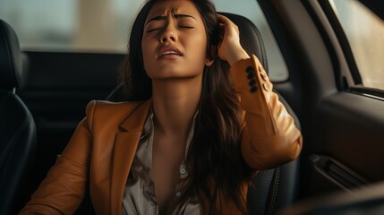 Woman stressed or having a headache while sitting in the car, woman feeling stressed in the car  - obrazy, fototapety, plakaty