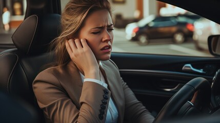 Woman stressed or having a headache while sitting in the car, woman feeling stressed in the car 