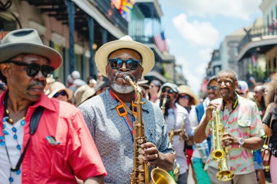 Street festival in New Orleans, with jazz bands playing in the streets, colorful floats parading by, and revelers dancing and celebrating. 