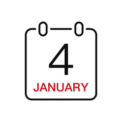 January 4 date on the calendar, vector line stroke icon for user interface. Calendar with date, vector illustration.