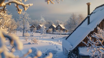Snowy Winter Landscape with Bridge in Morning