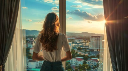 Woman enjoys with view from hotel window 