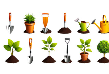 Set of garden tools on isolated on transparent png background. Generative ai	
