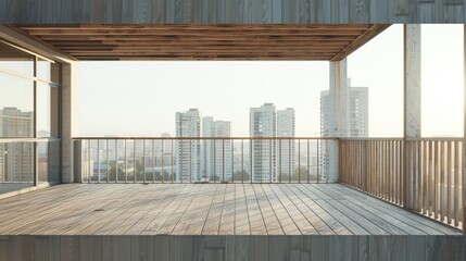 Wooden balcony with tall buildings background of landscape city, old wooden balcony