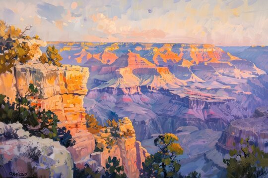 Sunrise over the Grand Canyon, with the first light of dawn painting the towering cliffs in shades of pink and gold. 