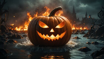 Halloween pumpkin on a gloomy background with a blazing fire and an antique city.
