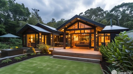 A sustainable craftsman home in Auckland, with a rainwater harvesting system and a native bush-inspired backyard - obrazy, fototapety, plakaty