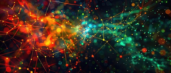 Abstract digital communication points. Technological background. Network connection structure. Color plexus effect. 3D