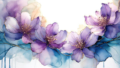 Fioletowe kwiaty, abstrakcyjne tło akwarela - obrazy, fototapety, plakaty