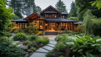 A sustainable craftsman home surrounded by eco-friendly landscaping